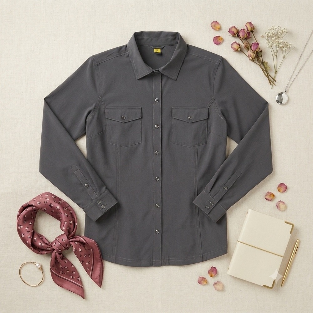 Eddie Bauer Travex Womens Medium Gray Long Sleeve Stretch Hiking Travel Shirt